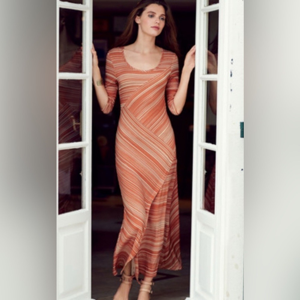 Peruvian Connection Striped Maxi Dress Rust Orange Scoop Neck 3/4 Sleeve Small